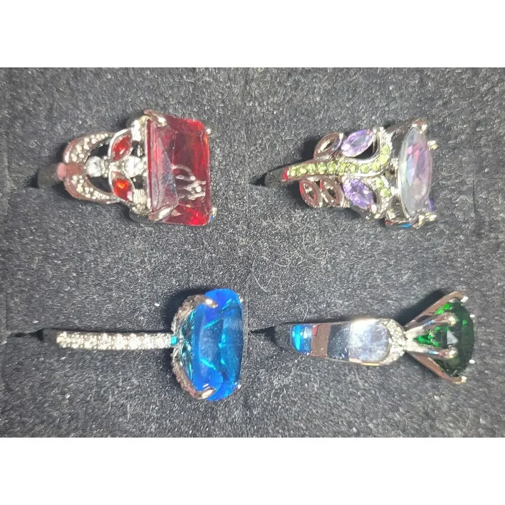 Womens Rings Lot Size 7.25 7 Purple Red Blue Green Statement Cocktail Crystal
